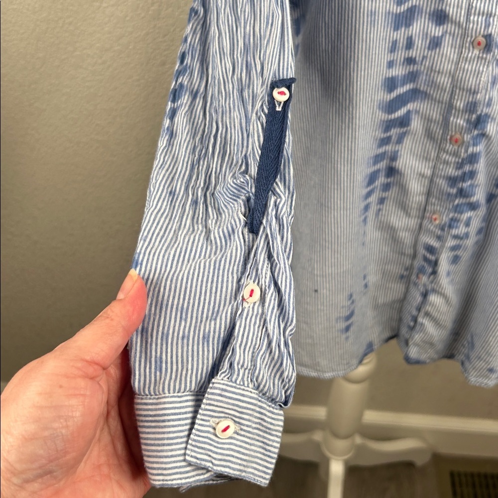 Heihei Blue & White Stripe Blotch Print Button Up Long Sleeve Top Size Medium - Picture 5 of 8